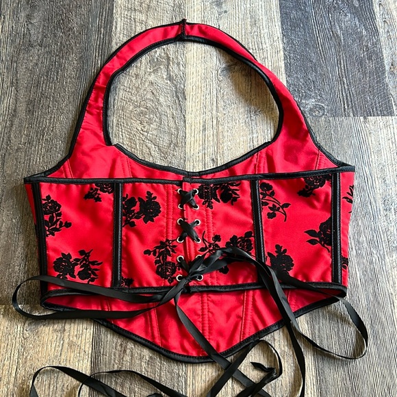 SHEIN Red Black Floral Rose Gothic Patterned Corset Women’s Size Large - Picture 5 of 7